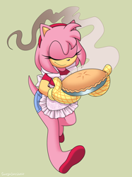 Size: 1280x1707 | Tagged: safe, artist:omegasunburst, amy rose, apron, eyes closed, pie, solo