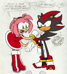 Size: 1610x1783 | Tagged: safe, amy rose, shadow the hedgehog, amy x shadow, amy's halterneck dress, dialogue, holding hands, pencilwork, shipping, straight