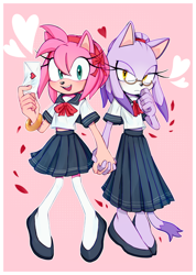 Size: 1444x2032 | Tagged: safe, artist:novazki, amy rose, blaze the cat, amy x blaze, featured image, heart, holding hands, schoolgirl outfit, skirt