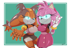 Size: 1280x868 | Tagged: safe, artist:bigdon1992, amy rose, sticks the badger, busty amy, busty sticks, glowing eyes, roboticized, wild badger outfit