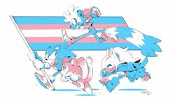 Size: 1667x988 | Tagged: dead source, safe, artist:ballad of gilgalad, miles "tails" prower, sonic the hedgehog, tangle the lemur, whisper the wolf, featured image, leaping, one fang, pride, running, trans pride