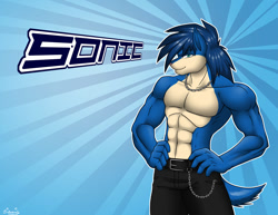 Size: 1100x850 | Tagged: safe, artist:sailliestraife, sonic the hedgehog, buff sonic, chain, muscular, necklace, solo