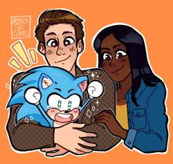 Size: 2048x1931 | Tagged: safe, artist:crazygalcomics, maddie wachowski, sonic the hedgehog, tom wachowski, immature, orange background, simple background, trio