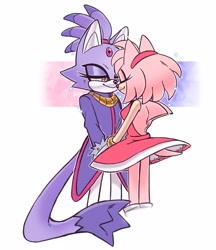 Size: 1779x2060 | Tagged: safe, artist:comfiesilv, amy rose, blaze the cat, amy x blaze, amy's halterneck dress, back quills, blaze's tailcoat, holding hands, shipping