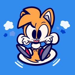 Size: 2000x2000 | Tagged: safe, artist:gooomys, miles "tails" prower, blue background, cute, flying, simple background, smile, spinning tails, tailabetes