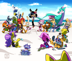 Size: 1400x1183 | Tagged: safe, artist:finimun, amy rose, blaze the cat, bunnie rabbot, dulcy the dragon, ebony the cat, marine the raccoon, mina mongoose, miss possum, nicole the hololynx, princess sara, pyjamas the sheepdog, rouge the bat, sally acorn, sonia the hedgehog, sticks the badger, tangle the lemur, tekno the canary, beach, cellphone, everyone is here, featured image, implied agent topaz, ponytail, swimsuit, tug of war