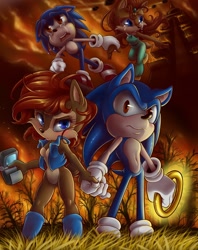 Size: 720x910 | Tagged: safe, artist:rayeofintegrity, nicole the handheld, sally acorn, sonic the hedgehog, crying, determined, nighttime, ring, sally x sonic, sally's vest and boots, straight