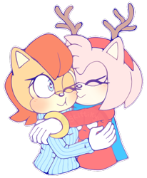 Size: 462x560 | Tagged: safe, artist:skittikyu, amy rose, sally acorn, 2018, duo, fake antlers, lesbian, sallamy, shipping, sweater