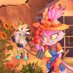 Size: 2048x2048 | Tagged: safe, artist:misnova3, blaze the cat, silver the hedgehog, gardening, sunflower