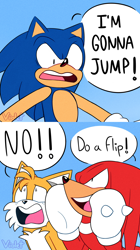 Size: 1280x2282 | Tagged: safe, artist:violetmadness7, knuckles the echidna, miles "tails" prower, sonic the hedgehog, blue background, comic, dialogue, english text, mouth open, shouting, simple background, speech bubble, team sonic, trio, watermark