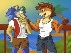 Size: 1280x969 | Tagged: safe, artist:booghetti, sonic the hedgehog, hedgehog, bandicoot, beach, crash bandicoot, daytime, duo, looking at viewer, palm tree, sun, sunglasses