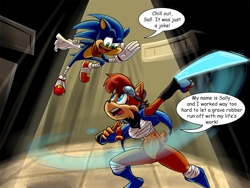 Size: 1200x900 | Tagged: safe, artist:gameboysage, artist:huevosrevueltos, sally acorn, sonic the hedgehog, fight, sally's ringblader outfit, sarashi, scarf, sonic boom (tv)