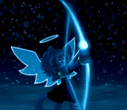 Size: 900x777 | Tagged: safe, artist:lighttheangel, oc, oc:light the angel cat, cat, arrow (weapon), bow (weapon), dress, halo, holding something, looking up, nighttime, outdoors, solo, standing, star (sky), wings