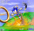 Size: 1200x1095 | Tagged: safe, artist:gx3rcomics, buzz bomber, sonic the hedgehog, abstract background, badnik, clouds, daytime, duo, explosion, flapping wings, flying, life counter, mid-air, outdoors, ring, sega logo, signature