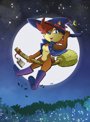 Size: 1000x1350 | Tagged: safe, artist:inkpants, nicole the handheld, sally acorn, broom, flying, moon, nighttime, solo, star (sky), witch outfit