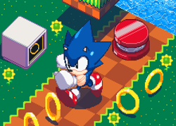 Size: 442x316 | Tagged: safe, artist:tobiasleviarts, sonic the hedgehog, sonic 3d blast, monitor, pixel art, ring, river, solo, sunflower