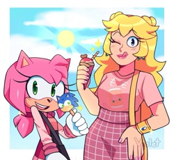 Size: 835x767 | Tagged: safe, artist:violetmadness7, amy rose, sonic the hedgehog, hedgehog, human, sonic the ice cream, daytime, duo, princess peach