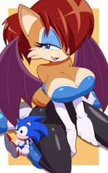 Size: 1000x1600 | Tagged: suggestive, artist:kojiro-brushard, sally acorn, sonic the hedgehog, bat, busty sally, hair over one eye, one fang, rouge's heart top, species swap, stuffed animal