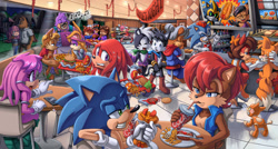 Size: 1400x750 | Tagged: safe, artist:glitcher, alexis acorn, amy rose, antoine d'coolette, bunnie rabbot, elias acorn, fiona fox, geoffrey st. john, hershey the cat, julie-su, knuckles the echidna, megan acorn, miles "tails" prower, nicole the hololynx, rosie woodchuck, rotor walrus, sally acorn, shard the metal, sonic the hedgehog, t-pup, uncle chuck, sonic the hedgehog 138 (archie), buntoine, cellphone, chili dog, everyone is here, hamburger, nighttime, piko piko hammer, pizza, restaurant, sally x sonic, sally's vest and boots, shipping, shipping denied, singing, spaghetti