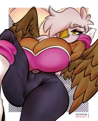 Size: 969x1200 | Tagged: suggestive, artist:mrkashkiet, barely sonic related, crossover, gilda (mlp), griffin, hair over one eye, huge breasts, lying down, my little pony, outfit swap, rouge's heart top