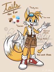 Size: 2048x2732 | Tagged: safe, artist:sherendipity, miles "tails" prower, belt, ear fluff, electrical gloves, fangs, gloves, goggles, obtrusive watermark, red shoes, redesign, shorts, signature, simple background, socks, solo, tan nose, two tails, watermark, white gloves, white socks, yellow fur