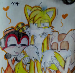 Size: 1024x996 | Tagged: safe, artist:yarat14, charmy bee, cream the rabbit, miles "tails" prower, bisexual, chaails, charmabetes, clenched teeth, creamabetes, cute, deviantart watermark, eye twitch, eyes closed, fluffy, hearts, lidded eyes, love triangle, shipping, tailabetes, tails is not amused, taiream, tongue out, transparent background, two tails, watermark