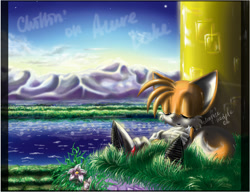 Size: 800x613 | Tagged: safe, artist:moaze, miles "tails" prower, azure lake, eyes closed, flower, grass, lake, sleeping, solo, sonic the hedgehog 3, tree, water