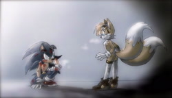 Size: 2048x1168 | Tagged: dead source, safe, artist:twisted-wind, miles "tails" prower, sonic the hedgehog, oc, oc:twisted sonic, oc:twisted tails, alternate outfit, belt, blood, boots, buckle, gender swap, goggles, hand on knee, implied fight, long socks, looking at each other, mouth open, scratches, shocked, sneakers, socks, two tails