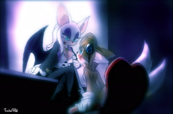 Size: 2048x1354 | Tagged: dead source, suggestive, artist:twisted-wind, miles "tails" prower, rouge the bat, oc, oc:twisted tails, aged up, blue eyes, blushing, chair, desk, eyeshadow, gender swap, goggles, half r63 shipping, hand on chin, large ears, lesbian, lidded eyes, lipstick, looking at each other, older, shipping, signature, sitting, tailouge, two tails