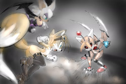 Size: 1791x1197 | Tagged: dead source, safe, artist:twisted-wind, miles "tails" prower, rouge the bat, oc, oc:twisted tails, angry, boots, chaos emerald, clenched fist, dust clouds, evil vs good, eyeshadow, fight, flying, gender swap, goggles, large ears, lidded eyes, long socks, metal tails, mouth open, older, redesign, robot, spinning tails, two tails