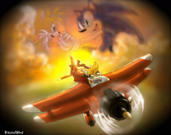 Size: 1858x1474 | Tagged: dead source, safe, artist:twisted-wind, miles "tails" prower, sonic the hedgehog, oc, oc:twisted tails, clouds, flying, frown, gender swap, goggles, holding hands, looking at each other, looking offscreen, memory, mouth open, red scarf, scarf, signature, sunset, tornado i