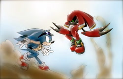 Size: 1821x1177 | Tagged: safe, artist:twisted-wind, sonic the hedgehog, oc, oc:twisted sonic, angry, black sclera, claws, clenched teeth, dust clouds, fight, flying, gloves, looking at each other, metal knuckles, necklace, red shoes, redesign, robot, sneakers, sunglasses