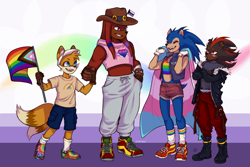 Size: 2048x1365 | Tagged: safe, artist:alittleminish, knuckles the echidna, miles "tails" prower, shadow the hedgehog, sonic the hedgehog, arms folded, asexual pride, belt, bisexual pride, bracelet, brown gloves, cape, chipped ear, demisexual pride, ear fluff, earring, facepaint, fangs, flag, fur markings, gay pride, genderqueer pride, gloves, hand in pocket, happy, hat, holding hands, jacket, looking at each other, nonbinary pride, pants, pride, redesign, shirt, shorts, signature, smile, socks, trans pride, white gloves