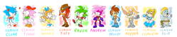 Size: 9291x1983 | Tagged: safe, artist:thegreatrouge, amy rose, antoine d'coolette, bunnie rabbot, knuckles the echidna, miles "tails" prower, rotor walrus, sally acorn, scourge the hedgehog, sonia the hedgehog, sonic the hedgehog, belt, blue gloves, blue shoes, bodysuit, boots, bow, brown gloves, classic, classic amy, classic knuckles, classic sonic, classic tails, cyborg, dress, earring, eyeshadow, fan, freedom fighters, gender swap, hat, jacket, knuckles' hat, lidded eyes, looking offscreen, necklace, shirt