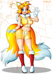 Size: 842x1191 | Tagged: suggestive, artist:witchking00, miles "tails" prower, human, abstract background, blushing, boots, crop jacket, fox ears, fox tail, furry collar, gender swap, gloves, humanized, looking at viewer, open mouth, partially humanized, shorts, socks, solo, two tails, waving