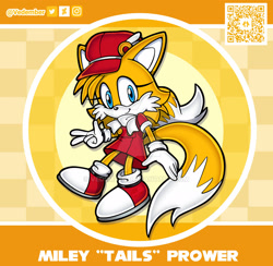 Size: 1920x1874 | Tagged: safe, artist:vedember, miles "tails" prower, abstract background, character name, dress, gender swap, hat, looking at viewer, qr code, scarf, smile, solo, v sign, watermark