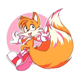 Size: 1280x1280 | Tagged: safe, artist:lunarmewn, miles "tails" prower, abstract background, cute, ear fluff, fangs, fluffy, looking offscreen, pointing, redraw, signature, solo, tailabetes