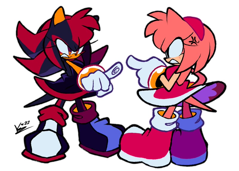 Size: 2100x1500 | Tagged: safe, artist:kirby stardream, amy rose, amy's halterneck dress, angry, clenched teeth, cross popping vein, duo, featured image, female, glaring, i found you faker, looking at each other, pointing, pointing at them, simple background, white background