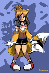 Size: 500x746 | Tagged: safe, artist:ipoststuffaboutfast, miles "tails" prower, human, abstract background, black shorts, blue eyes, fox ears, fox tail, gender swap, gloves, happy, headphones, humanized, jacket, looking offscreen, mouth open, necklace, partially humanized, red sneakers, shorts, signature, socks, solo, sonic title screen banner, two tails, white gloves, white socks, white tipped shoes, white tipped tail, yellow jacket