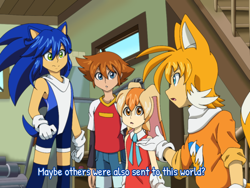 Size: 1024x768 | Tagged: safe, artist:animesonic2, chris thorndyke, cream the rabbit, miles "tails" prower, sonic the hedgehog, human, dialogue, fox ears, group, hedgehog ears, hedgehog tail, humanized, looking at each other, partially humanized, rabbit ears, redraw, scarf, sonic x