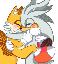 Size: 1280x1419 | Tagged: safe, artist:xglitchy-tailsx, miles "tails" prower, silver the hedgehog, blushing, cute, duo, eyes closed, gay, holding them, hugging, shipping, silvabetes, silvails, simple background, smile, tailabetes, white background