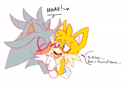 Size: 2048x1466 | Tagged: dead source, safe, artist:mild-mannered-fiend, miles "tails" prower, silver the hedgehog, blushing, cute, dialogue, gay, kiss, kiss on cheek, shipping, silvails, simple background, white background