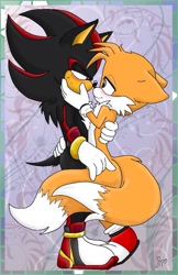 Size: 760x1171 | Tagged: safe, artist:likemaniac, miles "tails" prower, shadow the hedgehog, abstract background, bedroom eyes, blushing, fluffy, gay, holding each other, shadow x tails, shipping