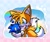 Size: 2236x1892 | Tagged: safe, artist:ayleen seraph, miles "tails" prower, sonic the hedgehog, chao, fox, duo, holding them, looking at them, rainbow, sonic chao