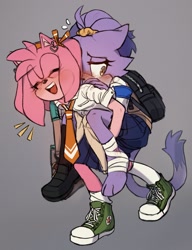 Size: 1233x1608 | Tagged: safe, artist:vagabondvani, amy rose, blaze the cat, amy x blaze, au:high school, carrying them