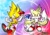 Size: 3567x2500 | Tagged: safe, artist:shadowlifeman, miles "tails" prower, sonic the hedgehog, super sonic, super tails, abstract background, chaos emeralds, duo, modern style, red eyes, signature, super form