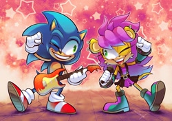 Size: 2274x1600 | Tagged: safe, artist:vaporotem, mina mongoose, sonic the hedgehog, guitar, singing