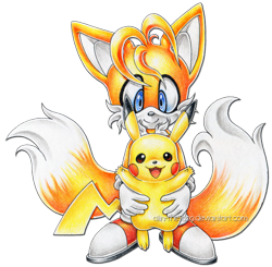 Size: 1592x1562 | Tagged: safe, artist:ayleen seraph, miles "tails" prower, crossover, cute, holding them, looking at them, pencilwork, pikachu, simple background, tailabetes, transparent background