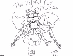 Size: 4019x3083 | Tagged: safe, artist:taeko, miles "tails" prower, fox, 2022, black and white, charm, crossover, fangs, flower, gender swap, hair pin, kimono, mobius.social exclusive, mouth open, sandals, signature, solo, standing on one leg, the helpful fox senko-san