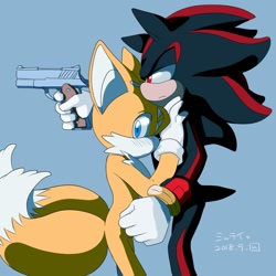 Size: 900x900 | Tagged: dead source, safe, artist:muimuitoby, miles "tails" prower, shadow the hedgehog, blue background, blushing, duo, frown, gun, holding them, japanese text, lidded eyes, looking offscreen, shadow x tails, shipping, signature, simple background